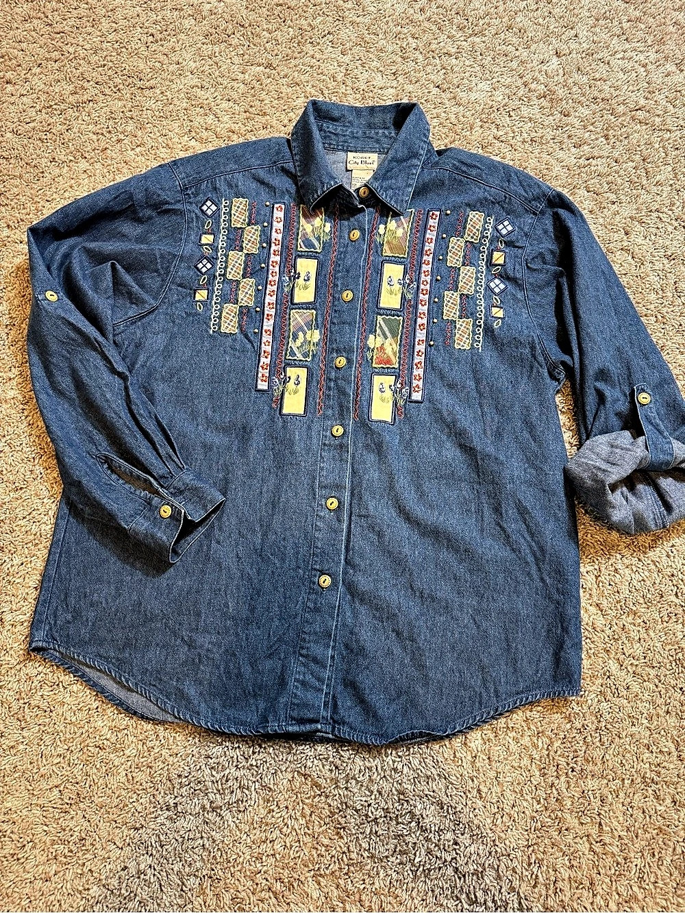 Koret City Blues Denim Blouse Cottagecore Patchwork Applique Embroidered Size M